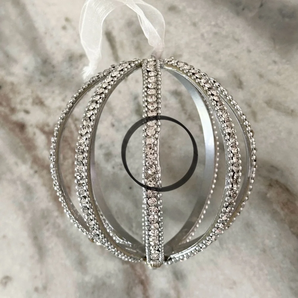 Large Silver Christmas Ornament- Rhinestone Beaded Sparkly Jewel Holiday Decor